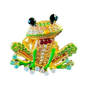Pink & Green Rhinestone Frog Brooch
